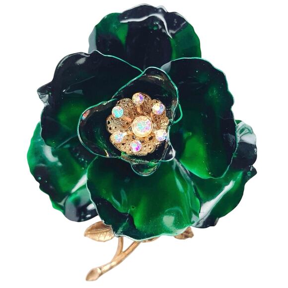 VTG 1960s Brooch Green Enamel Flower AB Rhinestones Gold Tone Mid Century Pin - Picture 1 of 13